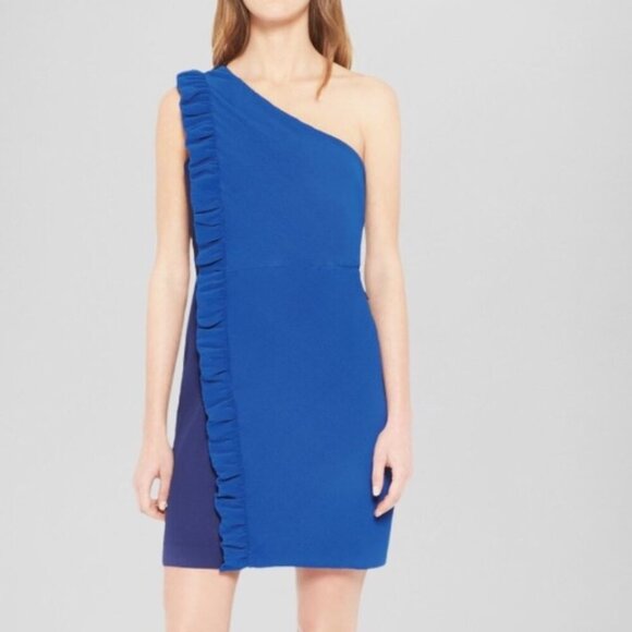 SANDRO Rdv One-shoulder Ruffled Pleated Crepe Dress In Blue - Picture 2 of 11